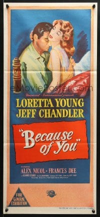 5k390 BECAUSE OF YOU Aust daybill 1952 art of Jeff Chandler & sexy Loretta Young!