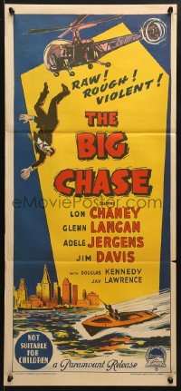 5k400 BIG CHASE Aust daybill 1954 Richardson Studio art of Glenn Langan falling, Lon Chaney Jr!