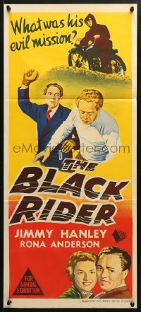 5k404 BLACK RIDER Aust daybill 1954 English crime, Jimmy Hanley, what was his evil mission?