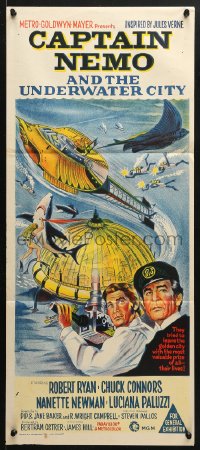 5k440 CAPTAIN NEMO & THE UNDERWATER CITY Aust daybill 1970 artwork of cast, scuba divers & cool ship