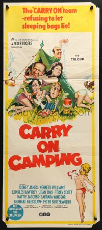 5k444 CARRY ON CAMPING Aust daybill 1970 AIP, Sidney James, English nudist sex, wacky artwork!