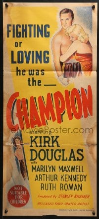 5k455 CHAMPION Aust daybill 1950 art of boxer Kirk Douglas with Marilyn Maxwell, boxing classic!