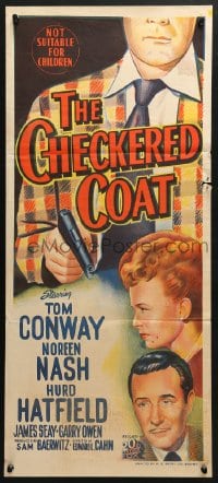 5k461 CHECKERED COAT Aust daybill 1948 Tom Conway, Noreen Nash, art of faceless killer w/ smoking gun!