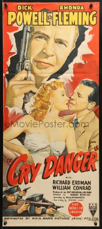 5k484 CRY DANGER Aust daybill 1951 great artwork of Dick Powell & sexy Rhonda Fleming!