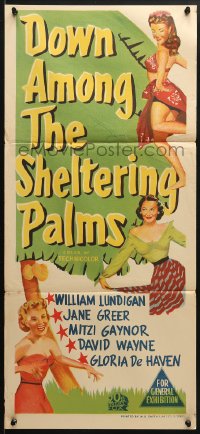 5k514 DOWN AMONG THE SHELTERING PALMS Aust daybill 1953 sexy Jane Greer, Mitzi Gaynor & Gloria De Haven!