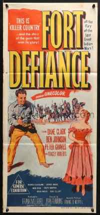 5k559 FORT DEFIANCE Aust daybill 1953 Dane Clark, Ben Johnson, great western art, this is killer country!