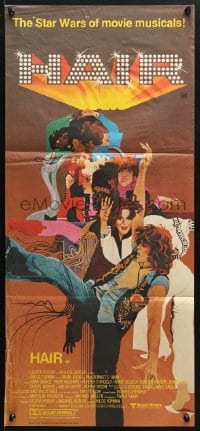 5k601 HAIR Aust daybill 1979 Milos Forman, Treat Williams, musical, great Bob Peak artwork!