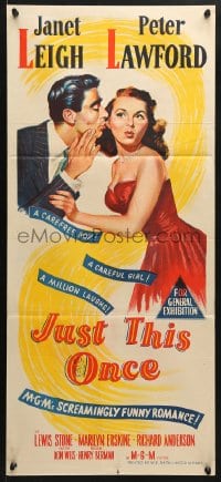 5k664 JUST THIS ONCE Aust daybill 1952 great art of Peter Lawford whispering to sexy Janet Leigh!