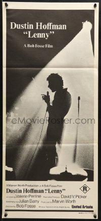 5k691 LENNY Aust daybill 1974 silhouette of Dustin Hoffman as comedian Lenny Bruce at microphone!