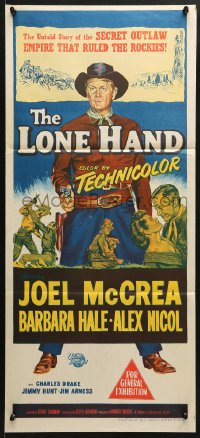 5k704 LONE HAND Aust daybill 1953 Joel McCrea, Barbara Hale, untold story of secret outlaw empire!