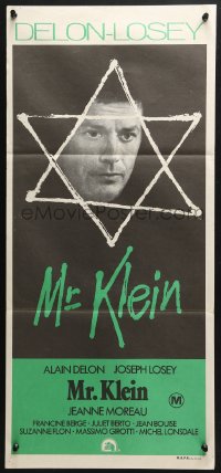 5k765 MR. KLEIN Aust daybill 1976 cool image of Jewish art dealer Alain Delon, directed by Joseph Losey!