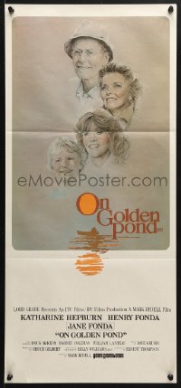 5k787 ON GOLDEN POND Aust daybill 1982 art of Hepburn, Henry Fonda, and Jane Fonda by C.D. de Mar!
