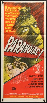 5k798 PARANOIAC Aust daybill 1963 an excursion that takes you deep into its twisted mind!