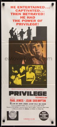 5k820 PRIVILEGE Aust daybill 1967 Jean Shrimpton, a shocking movie of a pop singer who makes it big!