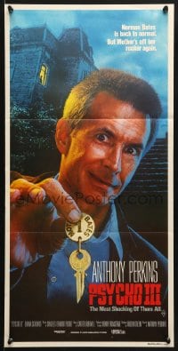 5k821 PSYCHO III Aust daybill 1986 close image of Anthony Perkins as Norman Bates, horror sequel!