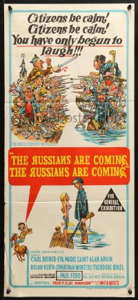 5k848 RUSSIANS ARE COMING Aust daybill 1966 Carl Reiner, art of Russians vs Americans!