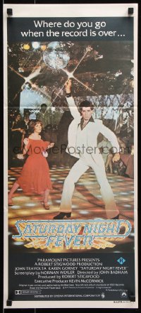 5k852 SATURDAY NIGHT FEVER Aust daybill 1977 disco dancer John Travolta & Karen Gorney, R-rated!