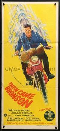 5k927 THEN CAME BRONSON Aust daybill 1970 Michael Parks & Bonnie Bedelia on and off a motorcycle!