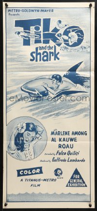 5k934 TIKO & THE SHARK Aust daybill 1964 man tames killer, cool swimming with shark image!