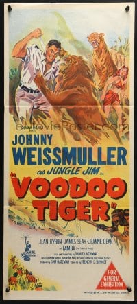 5k969 VOODOO TIGER Aust daybill 1952 great art of Johnny Weissmuller as Jungle Jim vs big cats!