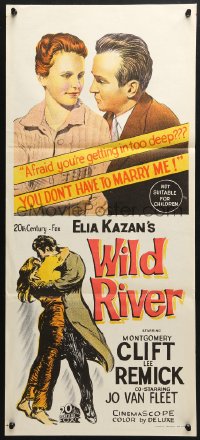 5k982 WILD RIVER Aust daybill 1960 directed by Elia Kazan, Montgomery Clift embraces Lee Remick!