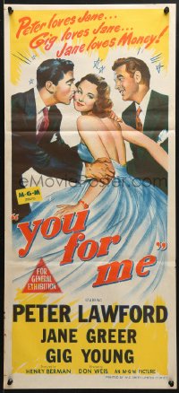 5k992 YOU FOR ME Aust daybill 1952 pretty Jane Greer between Peter Lawford & Gig Young!