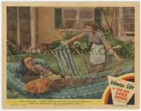 5m767 THIN MAN GOES HOME LC #8 1944 William Powell resting, Myrna Loy struggling w/folding chair!