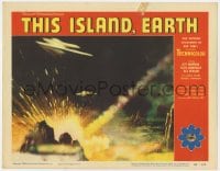 5m768 THIS ISLAND EARTH LC #3 1955 cool image of two alien spaceships attacking Earth with rays!