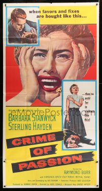 5p659 CRIME OF PASSION 3sh 1957 different image of horrified Barbara Stanwyck & Sterling Hayden!