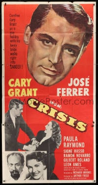 5p660 CRISIS 3sh 1950 great huge headshot artwork of Cary Grant, plus Paula Raymond & Jose Ferrer!