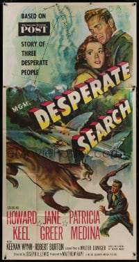 5p676 DESPERATE SEARCH 3sh 1952 artwork of Jane Greer & Howard Keel trapped in the wild!