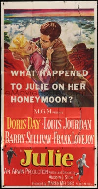 5p763 JULIE 3sh 1956 what happened to Doris Day on her honeymoon with Louis Jourdan?