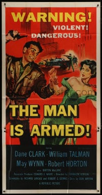 5p806 MAN IS ARMED 3sh 1956 art of violent dangerous Dane Clark with gun grabbing sexy May Wynn!