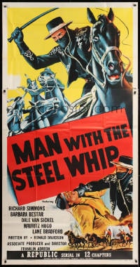 5p809 MAN WITH THE STEEL WHIP 3sh 1954 serial, cool art of masked hero on horse lashing his whip!