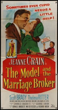 5p820 MODEL & THE MARRIAGE BROKER 3sh 1952 Scott Brady kisses Jeanne Crain, smoking Thelma Ritter!