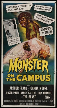 5p821 MONSTER ON THE CAMPUS 3sh 1958 different art of test tube terror carrying woman in nightgown!