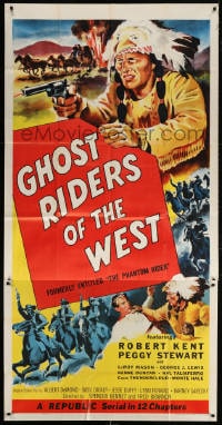 5p852 PHANTOM RIDER 3sh R1954 Republic serial, art of Native American, Ghost Riders of the West!