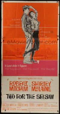 5p928 TWO FOR THE SEESAW 3sh 1962 Hooks art of Robert Mitchum & sexy beatnik Shirley MacLaine!