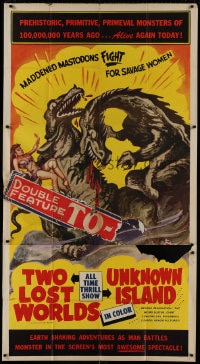 5p929 TWO LOST WORLDS/UNKNOWN ISLAND 3sh 1950s art of dinosaurs fighting over sexy woman, rare!