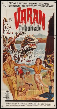 5p931 VARAN THE UNBELIEVABLE 3sh 1962 art of wacky dinosaur w/hands destroying civilization!