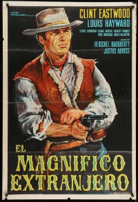 5p502 MAGNIFICENT STRANGER Argentinean 1967 cool artwork of cowboy Clint Eastwood pointing gun!