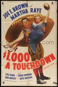 5r005 $1,000 A TOUCHDOWN 1sh 1939 art of Joe E. Brown & Martha Raye by giant football!