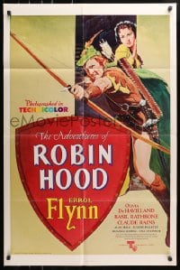 5r020 ADVENTURES OF ROBIN HOOD 1sh R1976 Flynn as Robin Hood, De Havilland, different art!