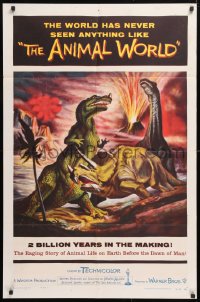 5r044 ANIMAL WORLD 1sh 1956 great artwork of prehistoric dinosaurs & erupting volcano!
