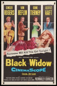 5r129 BLACK WIDOW 1sh 1954 Ginger Rogers, Gene Tierney, Van Heflin, George Raft, sexy art!