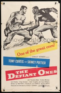 5r254 DEFIANT ONES 1sh 1958 art of escaped cons Tony Curtis & Sidney Poitier chained together!