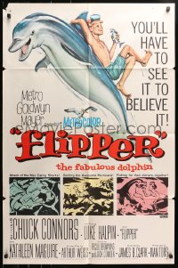 5r352 FLIPPER 1sh 1963 Chuck Connors, Luke Halpin, Reynold Brown art of boy & dolphin!
