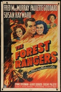 5r358 FOREST RANGERS 1sh 1942 art of Fred MacMurray, Paulette Goddard & Susan Hayward in blaze!