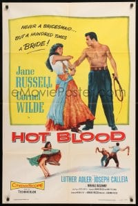 5r446 HOT BLOOD 1sh 1956 barechested Cornel Wilde grabbing sexy Jane Russell, Nicholas Ray
