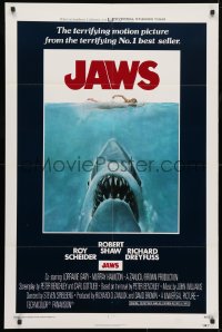 5r478 JAWS int'l 1sh 1975 art of Spielberg's classic man-eating shark attacking sexy swimmer!